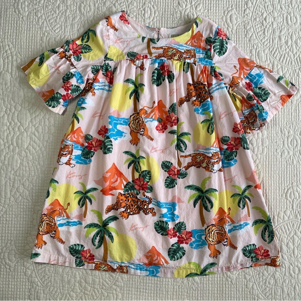 KENZO Girl’s Pink Hawaii Tigers and Palm Trees Printed Dress Size 6